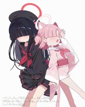  2girls :d animal_ear_fluff animal_ears bare_legs black_gloves black_hair black_hat black_sailor_collar black_shirt black_skirt blue_archive blunt_bangs blush cat_ears cat_girl cat_tail chlorella_observation_club_member_(blue_archive) clenched_teeth commentary_request dot_nose fang gloves hair_bobbles hair_ornament hair_over_eyes halo hat highres japanese_clothes justice_task_force_member_(blue_archive) kimono leaning_forward legs_apart loli long_bangs long_hair long_sleeves multiple_girls neckerchief ogata_zen open_mouth parted_bangs pink_hair pink_kimono pink_neckerchief pink_sash pleated_skirt red_halo red_neckerchief sailor_collar sash shirt short_hair short_kimono simple_background skin_fang skirt smile standing straight_hair sweatdrop tail teeth v_arms white_background white_halo white_sailor_collar wide_sleeves 