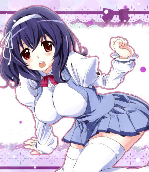  1girl :o arm_support blue_hair blue_skirt blue_vest bow bowtie breasts buttons collared_shirt commentary_request hairband huge_breasts juliet_sleeves long_sleeves looking_at_viewer medium_hair miniskirt open_mouth pleated_skirt puffy_sleeves red_bow red_bowtie red_eyes school_uniform seikon_no_qwaser shirt skirt solo teeth thighhighs totoka underbust upper_teeth_only vest white_background white_hairband white_shirt white_thighhighs yamanobe_tomo 