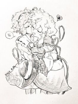  2girls blouse blush bow buttons closed_eyes commentary_request cowboy_shot cropped_legs dated floral_print frilled_shirt_collar frills graphite_(medium) greyscale hair_between_eyes hairband hat hat_bow heads_together heart heart_button heart_of_string holding holding_unworn_clothes holding_unworn_hat hug kiss kissing_cheek komeiji_koishi komeiji_satori medium_hair menotama messy_hair monochrome multiple_girls rose_print satokoi_day shirt short_hair siblings sisters skirt spoken_heart third_eye touhou traditional_media unworn_hat unworn_headwear 