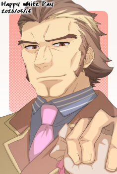  1boy ao_no_kiseki border brown_hair closed_mouth commentary_request dated dotted_background eiyuu_densetsu english_text folded_collar garcia_rossi gift hair_slicked_back happy_white_day highres holding holding_gift looking_at_viewer male_focus multicolored_hair necktie patterned_background pink_background pink_necktie red_eyes rinngo6363 short_hair smile solo streaked_hair white_border white_day zero_no_kiseki 