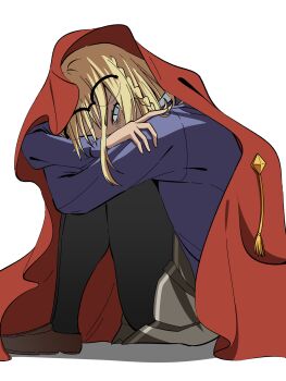  1girl absurdres black_pantyhose blonde_hair blue_eyes blue_shirt borrowed_clothes braid brown_shoes commentary_request fate/strange_fake fate_(series) from_side gotohell123123 grey_skirt highres hugging_own_legs knees_to_chest korean_commentary long_hair long_sleeves pantyhose shirt shoes skirt solo 