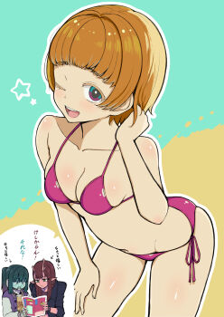  3girls ;d absurdres android antennae arrow_(symbol) bare_arms bare_shoulders bikini black_jacket blue_background boots breasts brown_boots brown_hair brown_shirt character_request cleavage collarbone colored_eyelashes commentary_request daidouji_akane green_hair hand_up highres holding jacket kurusu_makina_(milky_galactic_universe) letterman_jacket long_sleeves medium_breasts milky_subway multiple_girls one_eye_closed open_clothes open_jacket open_mouth outline pointy_ears puffy_long_sleeves puffy_sleeves purple_bikini purple_eyes purple_jacket purple_shirt shirt side-tie_bikini_bottom smile swimsuit temari_rin translation_request two-tone_background white_outline 