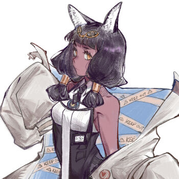 1girl animal_ears arknights bare_shoulders black_hair blue_jacket chinese_commentary closed_mouth clothes_writing commentary_request dark-skinned_female dark_skin grey_jacket hair_ornament hair_tubes haishen_miwang_de_jiyi jacket looking_at_viewer medium_hair off_shoulder simple_background sleeveless solo titi_(arknights) two-sided_fabric two-sided_jacket white_background yellow_eyes 