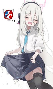  1girl absurdres black_hairband black_skirt black_thighhighs blue_archive blue_necktie blush closed_eyes collared_shirt double-parted_bangs hair_between_eyes hairband halo hazu highres kei_(blue_archive) kei_(new_body)_(blue_archive) long_hair long_hair_between_eyes necktie open_mouth peeing peeing_self pink_halo pleated_skirt rectangular_halo shirt simple_background skirt sleeves_rolled_up solo speech_bubble thighhighs white_background white_hair white_shirt zettai_ryouiki 
