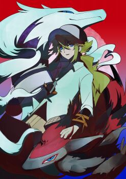  1boy baseball_cap black_shirt blue_eyes bracelet collared_shirt crossed_bangs dutch_angle gen_5_pokemon hair_between_eyes hand_on_another's_head hashtag-only_commentary hat highres jewelry layered_clothes legendary_pokemon long_hair long_sleeves looking_to_the_side male_focus n_(pokemon) necklace nintendo nn2_ran open_mouth pokemon pokemon_(creature) pokemon_bw ponytail reshiram ringed_eyes shirt smile white_shirt wing_collar zoroark 