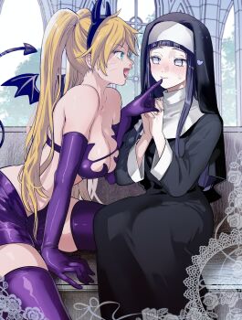  2girls absurdres alternate_costume alternate_universe asako_(itiba) breasts commentary_request demon_girl demon_tail facial_mark fake_horns genderswap genderswap_(mtf) highres horned_headwear horns hyuuga_hinata large_breasts multiple_girls naruko_(naruto) naruto_(series) no_pupils nun nun_headdress praying purple_eyes tail twintails uzumaki_naruto whisker_markings yuri 