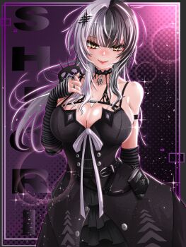  1girl absurdres arm_behind_back arm_strap arm_warmers belt black_arm_warmers black_belt black_choker black_dress black_hair black_nails book breasts chain character_name chest_belt choker closed_mouth commentary dress english_commentary floating_hair grey_hair hair_ornament halftone halftone_background hand_on_own_chest highres hololive hololive_english inset_border jewelry large_breasts light_particles long_hair looking_at_viewer multicolored_hair multiple_rings nail_polish pendant_choker ring shihir09 shiori_novella shiori_novella_(1st_costume) sleeveless sleeveless_dress smile solo sparkle split-color_hair striped_arm_warmers two-tone_hair upper_body virtual_youtuber yellow_eyes yorick_(shiori_novella) 