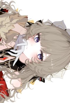  1girl absurdres black_bow blue_eyes bonnet bow brown_hair closed_mouth commentary detached_sleeves frilled_sleeves frills gem genshin_impact gloves half_gloves head_rest headdress highres looking_at_viewer magnet_8_8 portrait red_gem sandrone_(genshin_impact) short_hair_with_long_locks sideways_glance simple_background solo white_background white_gloves white_headdress wide_sleeves yellow_bow 