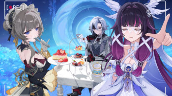  3girls absurdres arlecchino_(genshin_impact) bare_shoulders black_hair black_sleeves black_streaks blue_eyes borii breasts brown_hair cake cake_slice cleavage closed_eyes closed_mouth columbina_(genshin_impact) commentary detached_sleeves dress eye_mask food fork genshin_impact gloves grey_eyes hair_between_eyes hair_ornament hand_up highres holding holding_fork holding_plate long_hair long_sidelocks long_sleeves looking_at_viewer mask medium_breasts multicolored_hair multiple_girls outstretched_arm parted_lips plate purple_hair recording red_pupils sandrone_(genshin_impact) short_hair_with_long_locks sidelocks strapless strapless_dress streaked_hair symbol-shaped_pupils tiered_tray utensil_in_mouth very_long_hair white_gloves white_hair wing_hair_ornament x-shaped_pupils 