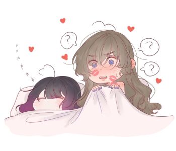  2girls ? @_@ aftersex black_hair blue_eyes blue_nails blush brown_hair columbina_(genshin_impact) commentary ear_blush genshin_impact gradient_hair heart lipstick_mark lipstick_mark_on_face lipstick_mark_on_shoulder long_hair multicolored_hair multiple_girls pillow pineaapl3 purple_hair sandrone_(genshin_impact) shoulder_blades sleeping spoken_question_mark sweat under_covers yuri zzz 