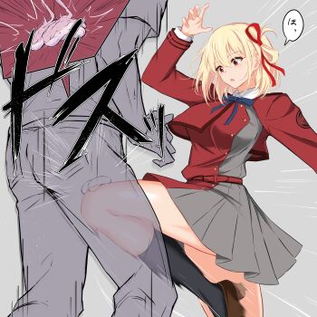  1boy 1girl absurdres ball_busting bdsm belt black_socks blonde_hair blush bob_cut breasts brown_shoes cbt commentary_request crotch_kick dress femdom hair_ribbon hand_up highres inoue_takina kneeing lycoris_recoil lycoris_uniform medium_breasts motion_lines open_mouth pleated_dress red_belt red_eyes red_ribbon ribbon shoes socks speed_lines standing standing_on_one_leg testicles thighs translation_request watarase_piro wing_collar x-ray 