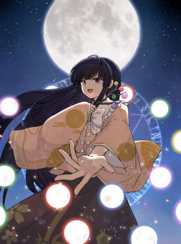  1girl bamboo_print black_hair bow bowtie branch brown_eyes collared_shirt commentary_request danmaku frilled_shirt_collar frills full_moon highres holding holding_branch houraisan_kaguya jeweled_branch_of_hourai long_hair looking_at_viewer magic_circle mochimo-cheese moon multi-source_commentary night open_mouth pink_shirt print_skirt red_skirt shirt skirt smile solo star_(sky) touhou very_long_hair white_bow white_bowtie wide_sleeves 