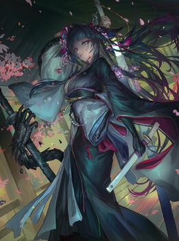  1girl absurdres arknights black_gloves black_hair black_kimono black_sash blood blood_on_face blunt_bangs commentary_request drawing_sword flower gloves grey_eyes hair_flower hair_ornament hair_wings highres holding holding_sword holding_weapon japanese_clothes katana kimono long_hair long_sleeves mio_(arknights) obi parted_lips pink_flower sash single_glove solo sword two-tone_kimono very_long_hair wakizashi weapon white_kimono wide_sleeves yuke_(yuke0213) 