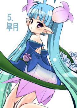  1girl ahoge blue_dress blue_gloves blue_hair commentary_request dress elbow_gloves emil_chronicle_online flower from_behind gloves hair_flower hair_ornament ivy keys_shrine leaf_panties leaf_print looking_back may panties pink_skirt pointy_ears print_panties purple_eyes see-through_clothes see-through_skirt shugoma_satsuki sitting skirt solo twintails underwear white_background 