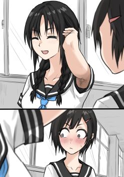  2girls absurdres arm_up armpit_hair armpits black_hair black_sailor_collar blue_neckerchief blush braid closed_eyes closed_mouth collarbone comic constricted_pupils fuku_(fuku12290574) hair_ornament hairclip hallway highres indoors long_hair low_twin_braids mole mole_under_eye multiple_girls neckerchief sailor_collar school school_uniform shirt short_hair short_sleeves sweatdrop twin_braids white_shirt window 