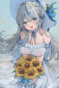  1girl :d amagai_ruka appleseed_(appleseed_art) bare_shoulders blue_background blue_bow blue_eyes blue_hair blue_ribbon bouquet bow braid breasts cleavage commentary_request dot_nose dress fang flower frilled_dress frills grey_hair hair_ornament hat hat_flower highres holding large_breasts light_blush long_hair men_(amagai_ruka) open_mouth petals revision ribbon simple_background sleeveless sleeveless_dress smile sunflower virtual_youtuber weather_planet white_dress x_hair_ornament 