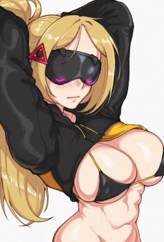  1girl abs blindfold_mask blonde_hair breasts covered_eyes gloves hair_ornament jacket large_breasts long_hair makdraw25 mask muscular muscular_female navel ponytail solo trigger_(zenless_zone_zero) zenless_zone_zero 