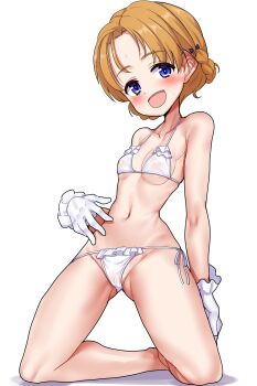  1girl absurdres bikini blue_eyes blush bow braid buta-don cameltoe commentary_request full_body girls_und_panzer gloves hair_bow highres looking_at_viewer open_mouth orange_hair orange_pekoe_(girls_und_panzer) side-tie_bikini_bottom simple_background smile solo swimsuit white_background white_bikini white_gloves 
