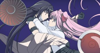  2000s_(style) 2girls armlet bare_shoulders belt belt_skirt black_armlet black_gloves black_hair black_skirt blue_background brown_coat brown_eyes choker choppy_bangs closed_mouth coat collared_shirt commentary_request eyebrows_hidden_by_hair fingerless_gloves gloves goddess_of_victory:_nikke hair_intakes half_updo highres hug jewelry long_hair looking_at_another looking_down looking_up mihara_(nikke) miko_embrace multiple_girls pink_hair pupupuplus shirt skirt spiked_choker spikes twintails unworn_coat very_long_hair white_shirt yuni_(nikke) yuri 