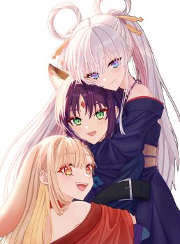  3girls animal_ears blonde_hair blue_eyes blue_kimono blush cho_kaguya-hime! closed_mouth commentary_request forehead_jewel fox_ears fox_girl green_eyes group_hug hair_ornament hair_rings hair_stick highres hug japanese_clothes kaguya_(cho_kaguya-hime!) kimono korean_commentary long_hair looking_at_viewer multiple_girls open_mouth orange_eyes rabbit_ears rabbit_girl red_kimono runami_yachiyo sakayori_iroha twintails white_hair xp0p0p0x yuri 