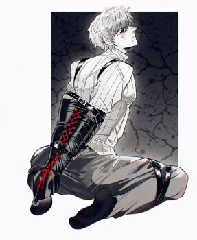  1boy armbinder arms_behind_back bound bound_arms bound_legs chinese_commentary closed_mouth commentary_request from_behind full_body greyscale highres honkai_(series) honkai_impact_3rd long_sleeves looking_at_viewer looking_back male_focus monochrome pants red_eyes ribbed_sweater scratches short_hair simple_background sitting socks solo spot_color spread_legs sweater turtleneck turtleneck_sweater wariza welt_yang xiyuan_(jjnm7) 