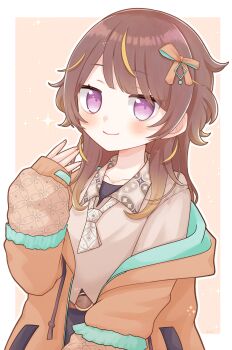  1girl absurdres anya_melfissa anya_melfissa_(indonesian_casual) blonde_hair bow brown_hair collared_shirt commentary english_commentary gradient_hair hair_flaps highres hololive hololive_indonesia hood hoodie looking_at_viewer medium_hair multicolored_hair necktie orange_bow orange_hoodie outside_border print_shirt purple_eyes shirt single_off_shoulder sleeves_past_wrists smile solo streaked_hair suzuri_ishi two-tone_hair virtual_youtuber white_necktie 