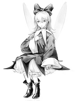 1girl bloomers boots bow dress dusa full_body greyscale hair_bow humanization kirby_(series) kirby_64 long_hair looking_at_viewer monochrome nintendo ribbon_(kirby) sitting solo underwear white_background