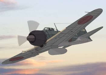  1other a6m_zero absurdres aircraft airplane blue_sky cockpit colorful_clouds commentary_request external_fuel_tank flying gradient_sky highres military_vehicle original propeller_fighter silhouette sky sunset tbf_(torigoya) vehicle_focus 