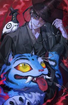  1boy animal animal_on_shoulder bird bird_on_shoulder black_hair black_hanbok body_markings bracelet chohyojeong commentary demon derpy_(kpop_demon_hunters) facial_mark fingernails gat_(hat) hanbok hashtag-only_commentary hat highres jewelry jinu_(kpop_demon_hunters) korean_clothes kpop_demon_hunters long_fingernails sharp_teeth short_hair smile sussie_(kpop_demon_hunters) symbol-only_commentary teeth tiger yellow_eyes 