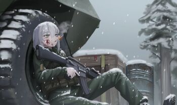  1girl absurdres ammunition_belt armored_vehicle barrel blood blood_on_face boots cigarette crate green_eyes green_jacket green_pants grey_hair gun highres holding holding_gun holding_weapon jacket klamol medium_hair motor_vehicle original overcast pants rifle sky smoke smoking snow snowing solo tree weapon 