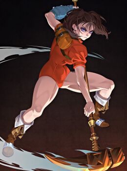  1girl backpack bag boots breasts brown_hair dark_background diane_(nanatsu_no_taizai) fingerless_gloves gloves hammer highres leotard medium_hair nanatsu_no_taizai purple_eyes rodrigo_sanni short_sleeves single_glove twintails 