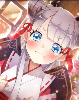  :t artist_request blue_eyes blush braid double_bun flower hair_ornament hair_ribbon japanese_clothes long_hair miko official_art phantom_of_the_kill pout ribbon silver_hair solo tearing_up window yata_no_kagami 