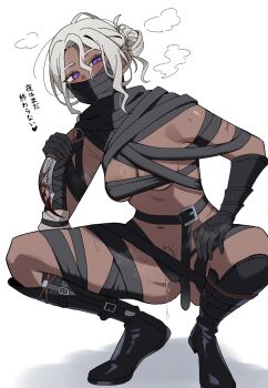  1girl absurdres bandages belt blood bloody_weapon boots breasts commentary_request dagger dark-skinned_female dark_skin elden_ring elden_ring_nightreign eyes_visible_through_hair genderswap genderswap_(mtf) hair_bun heart highres holding holding_dagger holding_knife holding_weapon idzuki_kenkyu-in ironeye_(elden_ring) knife looking_at_viewer mask mouth_mask pubic_tattoo purple_eyes scar scar_on_arm sidelocks simple_background small_breasts solo squatting steaming_body sweat tattoo translation_request weapon white_background white_hair 