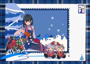  1girl absurdres aria_steelwind beatrice_frega black_hair blue_hair blue_streaks box candy candy_cane character_doll christmas christmas_tree closed_mouth doll food gift gift_box hat highres looking_at_viewer matoimposter medium_hair multicolored_hair red_eyes santa_hat streaked_hair sweater tyrion_cuthbert tyrion_cuthbert:_attorney_of_the_arcane white_sweater 