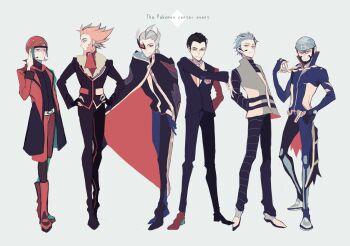 6+boys absurdres archie_(pokemon) arm_behind_back arm_up arms_behind_back ascot black_cloak black_coat black_pants black_shirt black_sleeves blazer blonde_hair blue_coat blue_headscarf blue_pants boots cloak coat cyrus_(pokemon) dress_shirt earpiece english_text facing_to_the_side facing_viewer full_body fur-trimmed_coat fur_trim ghetsis_(pokemon) giovanni_(pokemon) grey_coat grey_eyes hair_slicked_back hands_in_pockets hands_on_own_hips hat headscarf high_collar highres jacket long_sideburns looking_to_the_side lysandre_(pokemon) male_focus maxie_(pokemon) multiple_boys nintendo open_clothes open_coat orange_hair outstretched_arms pants pokemon pokemon_bw2 pokemon_dppt pokemon_oras pokemon_rgby pokemon_xy red_ascot red_boots red_coat red_eyes red_hair red_hat red_shorts scouter shirt shorts side-by-side sideburns smile turning_head turtleneck uenoike_(194753) white_background white_shirt 