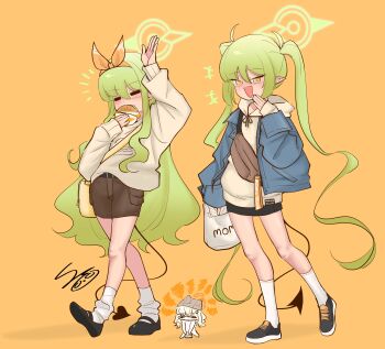  3girls :d absurdres aoba_(blue_archive) aoba_(mom's_touch)_(blue_archive) arm_up bag beanie belt black_belt black_shoes black_skirt blue_archive blue_jacket blush brown_eyes brown_ribbon brown_shorts burger chibi closed_eyes commentary demon_tail drawstring english_commentary fanny_pack food green_hair grey_hair grey_hat hair_between_eyes hair_ribbon hairband halo hand_up hat highres hikari_(blue_archive) hikari_(mom's_touch)_(blue_archive) holding holding_bag holding_food hood hood_down hoodie jacket jitome long_hair multiple_girls nozomi_(blue_archive) nozomi_(mom's_touch)_(blue_archive) o_o official_alternate_costume one_eye_closed open_clothes open_jacket open_mouth orange_background orange_hairband owlweeb pantyhose pleated_skirt pointy_ears red_eyes ribbon shoes shorts siblings signature sisters skirt smile smug socks tail twins twintails v-shaped_eyebrows very_long_hair white_socks wide-eyed 