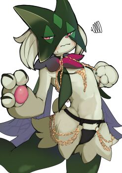  1girl absurdres bikini black_bikini commentary_request frown furry furry_female green_fur highres katakoto_tktk looking_at_viewer meowscarada nintendo pawpads pokemon pokemon_(creature) red_eyes simple_background solo squiggle swimsuit white_background 