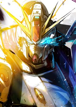  absurdres blue_eyes commentary_request f91_gundam flaming_eye glowing glowing_eyes gundam gundam_f91 highres light_particles looking_at_viewer mecha mecha_focus mobile_suit no_humans robot science_fiction solo takamaru_(taka1220) upper_body v-fin 