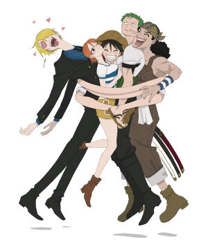  1girl 4boys absurdres bare_shoulders black_hair black_jacket black_pants blonde_hair blue_shirt blush boots breast_press brown_boots brown_overalls closed_eyes commentary_request elasticity extendable_limbs facial_scar full_body green_hair grin haramaki hat heads_together heart heart-shaped_eyes highres hug jacket karinnn48 katana long_nose long_sleeves miniskirt monkey_d._luffy multiple_boys nami_(one_piece) one_eye_closed one_piece open_mouth orange_hair overalls pants roronoa_zoro sandals sanji_(one_piece) scar scar_on_cheek scar_on_face sheath sheathed shirt short_hair short_sleeves simple_background skirt smile straw_hat straw_hat_pirates suit_jacket sword usopp weapon white_background white_shirt yellow_skirt 
