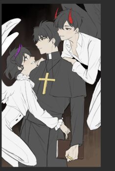  1girl 2boys alternate_costume angel_and_devil arm_around_waist black_wings blouse book cassock clenched_hand clerical_collar collared_shirt cross_pendant curled_horns demon_horns feathered_wings floating grin han_sooyoung hand_on_another's_shoulder holding holding_book horns kim_dokja looking_at_another multiple_boys official_alternate_costume omniscient_reader's_viewpoint papercider shirt smile smirk white_shirt white_wings wings yoo_joonghyuk 