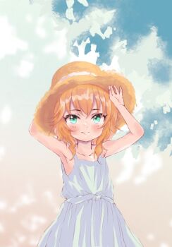  1girl arms_up blonde_hair commentary_request dress flat_chest green_eyes hat highres idolmaster idolmaster_cinderella_girls looking_at_viewer sakurai_momoka shin_fuj short_hair smile solo sundress white_dress 