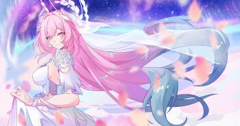  1girl absurdres armlet blue_hair breasts chinese_commentary commentary_request cyrene_(demiurge)_(honkai:_star_rail) cyrene_(honkai:_star_rail) diamond-shaped_pupils diamond_(shape) dress from_side gradient_hair hair_intakes highres honkai:_star_rail honkai_(series) jewelry large_breasts li_shijin long_hair looking_at_viewer looking_to_the_side multicolored_hair parted_lips pink_eyes pink_hair pointy_ears ring sidelocks smile solo symbol-shaped_pupils upper_body white_dress 