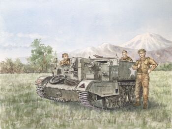  3boys atelier_bono blue_sky british_army brown_jacket brown_pants brown_shoes commentary_request grass highres jacket looking_at_viewer military_fatigues military_uniform mountain multiple_boys original painting_(medium) pants shoes sky traditional_media universal_carrier watercolor_(medium) 