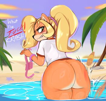  1girl angry ass beach blonde_hair bouncing_ass coco_bandicoot crash_bandicoot_(series) furry huge_ass spanked spanking sweat sweatdrop water  rating:Questionable score:37 user:danbooru