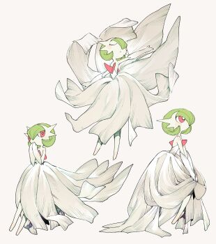  1girl absurdres bob_cut colored_skin commentary_request dress flat_chest gardevoir gen_3_pokemon green_hair green_skin hair_over_one_eye highres looking_at_viewer multicolored_skin multiple_views newo_(shinra-p) nintendo pokemon pokemon_(creature) red_eyes short_hair simple_background standing two-tone_skin white_background white_skin 