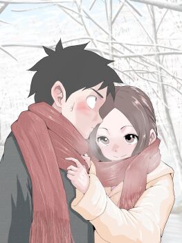  1boy 1girl absurdres black_hair blush brown_eyes brown_hair closed_mouth coat commentary_request green_coat hatomugi_(user_datj4345) hetero highres karakai_jouzu_no_takagi-san nishikata red_scarf revision scarf shared_clothes shared_scarf smile snowing sweat takagi-san upper_body winter_clothes yellow_coat 