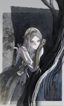  1girl bare_tree border elbow_gloves gloves grey_background grey_border grey_eyes grey_hair grey_skirt hair_ornament hand_on_own_cheek hand_on_own_face head_rest highres long_hair lorentz_butterfly mimiye outside_border reverse:1999 shirt skirt solo tree upper_body white_shirt yellow_gloves 