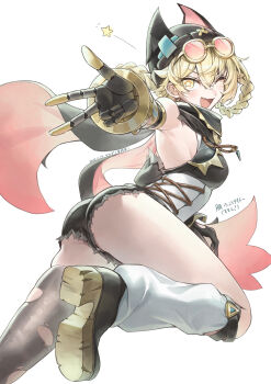  1girl ;d ass bare_shoulders black_hat black_shorts black_thighhighs blonde_hair blush braid braided_hair_rings breasts coppepan eyewear_on_head fang foreshortening genshin_impact hair_rings hat highres jahoda_(genshin_impact) looking_at_viewer loose_socks mechanical_arms one_eye_closed open_mouth shoes short_hair short_shorts shorts simple_background single_mechanical_arm single_thighhigh small_breasts smile socks solo star-shaped_pupils star_(symbol) sunglasses symbol-shaped_pupils thighhighs thighs torn_clothes torn_thighhighs white_background white_socks yellow_eyes 