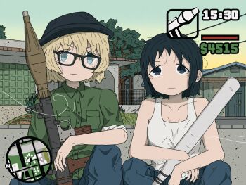  2girls alternate_costume baseball_bat big_smoke big_smoke_(cosplay) black_eyes black_hat blue_eyes blue_pants building carl_johnson carl_johnson_(cosplay) chito_(shoujo_shuumatsu_ryokou) commentary cosplay frown glasses grand_theft_auto grand_theft_auto:_san_andreas green_shirt hat heads-up_display highres holding holding_weapon looking_at_viewer minimap multiple_girls outdoors pants parisetya parted_lips road rocket_launcher rpg_(weapon) shirt shoujo_shuumatsu_ryokou sitting sleeveless sleeveless_shirt sleeves_rolled_up tree urban user_interface v-shaped_eyebrows weapon white_shirt wing_collar yuuri_(shoujo_shuumatsu_ryokou) 
