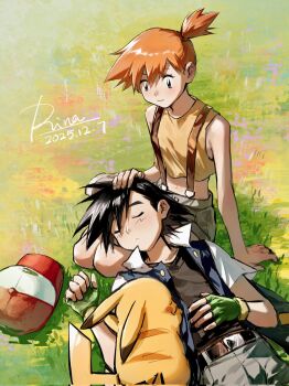  1boy 1girl aihara-rina ash_ketchum baseball_cap belt belt_buckle black_hair blue_eyes blue_jacket blush brown_belt buckle closed_eyes closed_mouth crop_top eyelashes fingerless_gloves gen_1_pokemon gloves grass green_gloves green_shorts hat jacket lap_pillow looking_down lying midriff misty_(pokemon) navel nintendo on_back open_clothes open_jacket orange_hair outdoors pikachu pokemon pokemon_(anime) pokemon_(classic_anime) pokemon_(creature) pokemon_rgby ponytail shirt short_hair short_sleeves shorts side_ponytail sitting sleeping sleeveless sleeveless_jacket sleeveless_shirt smile spiked_hair suspenders unworn_hat unworn_headwear 